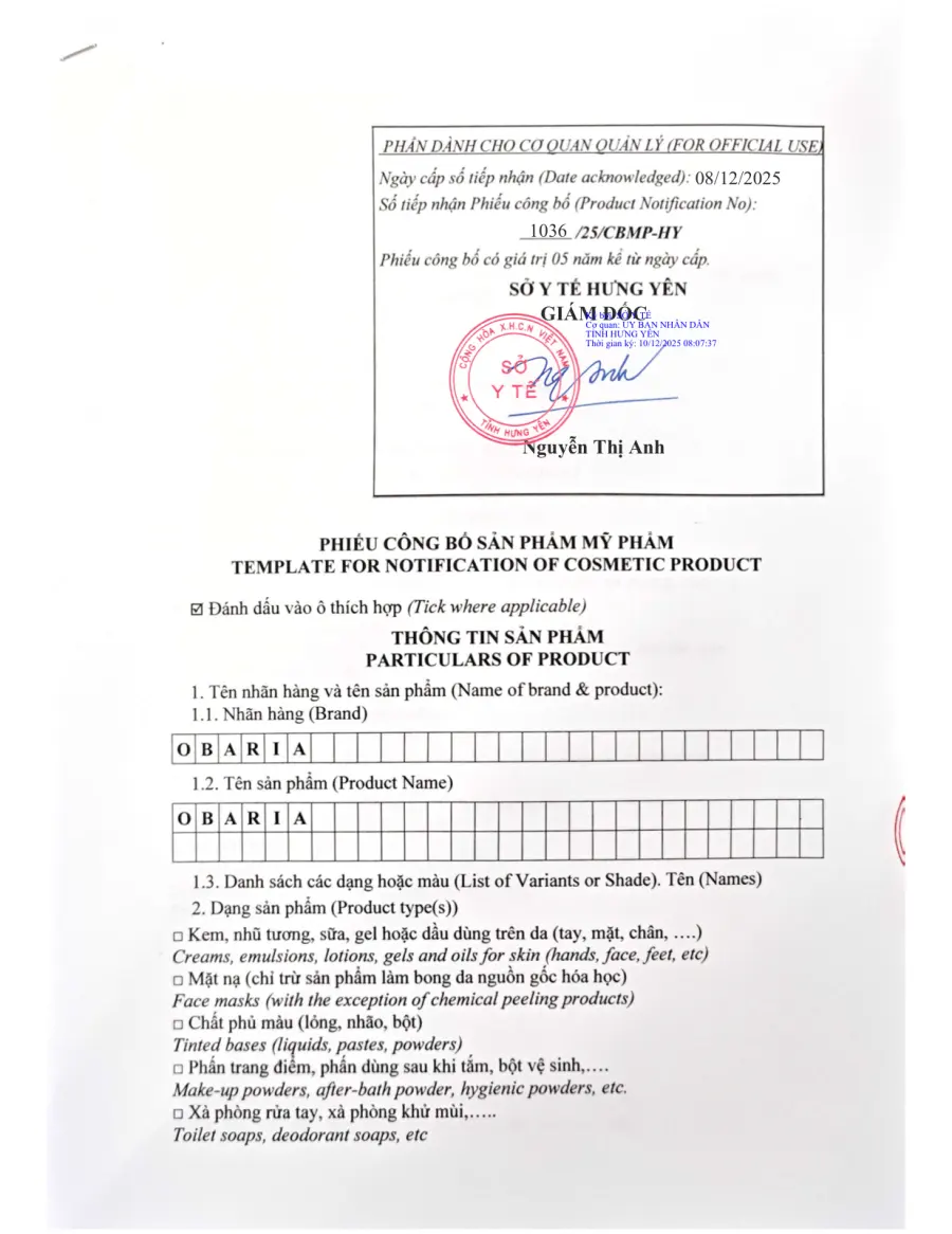Phiếu công bố mỹ phẩm Obaria