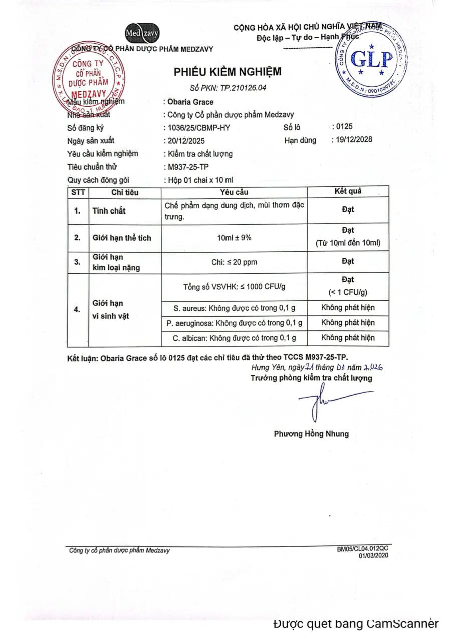 Phiếu kiểm nghiệm Obaria Grace